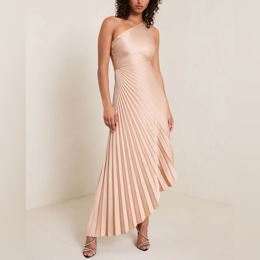 ALC Delfine Dress Asymmetrical Pleated Midi Champagne Bella‎ Sz 4